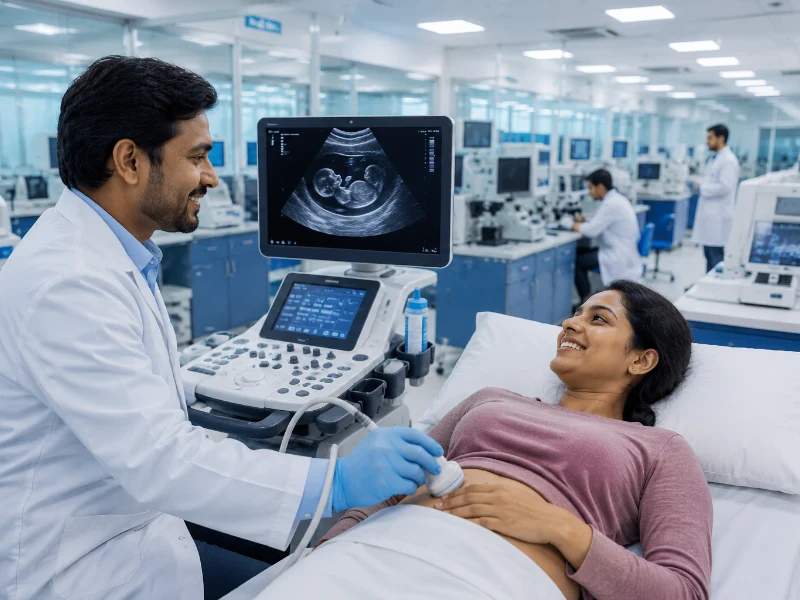 Advanced high-resolution early pregnancy ultrasound machine performing a precision dating scan to confirm embryo heartbeat and calculate exact gestational age